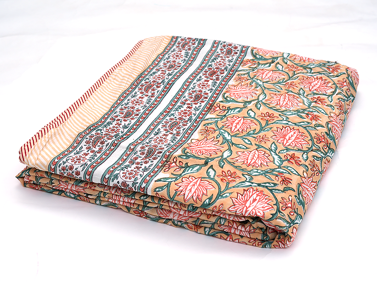 Floral Printed Orange Cotton Light Weight Single Quilt