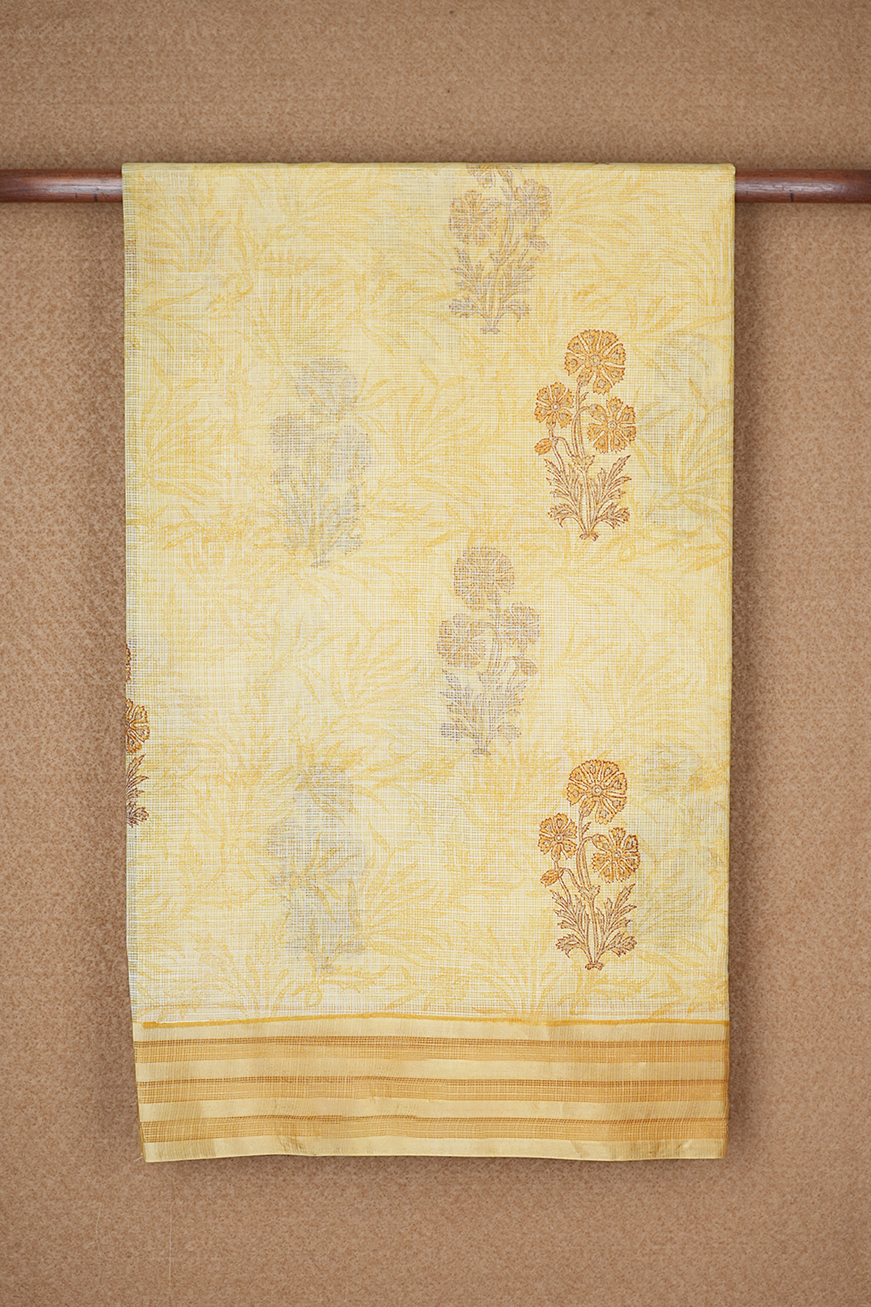 Floral Printed Pastel Yellow Kota Silk Saree