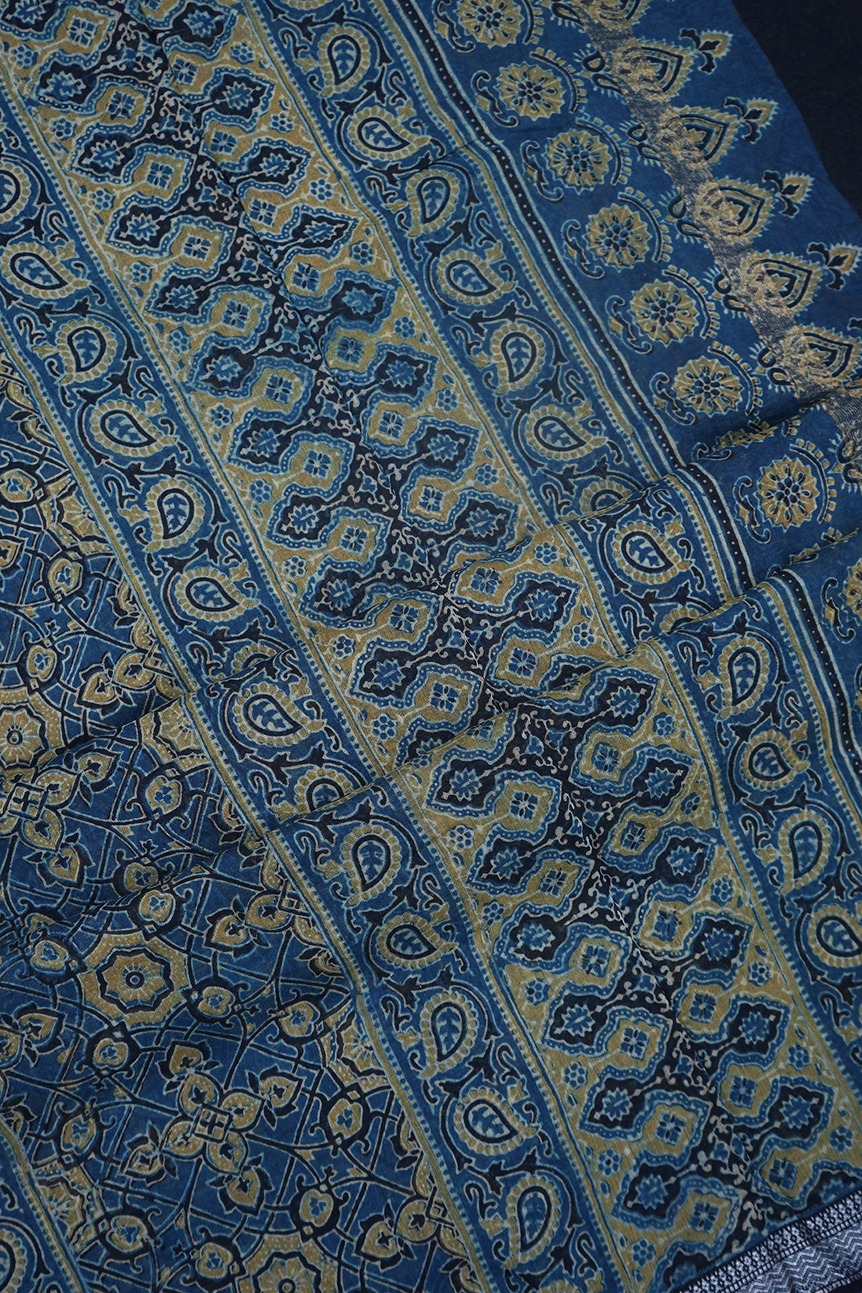 Lotus Printed Buttis Prussian Blue Chanderi Cotton Saree
