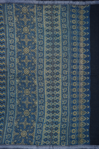 Lotus Printed Buttis Prussian Blue Chanderi Cotton Saree