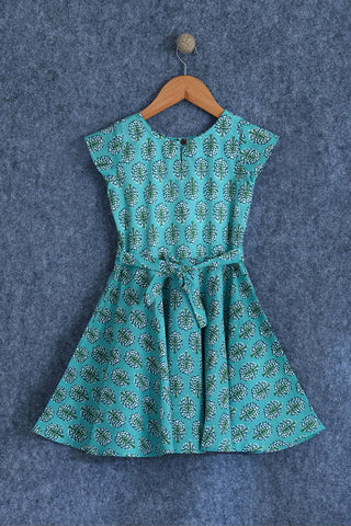 Floral Printed Teal Blue Cotton Frock