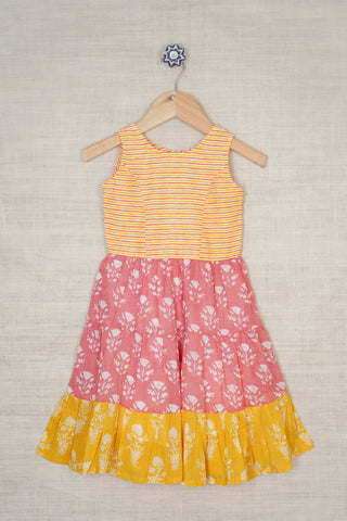 Floral Printed Tulip Pink And Yellow Three Layer Mal Cotton Frock