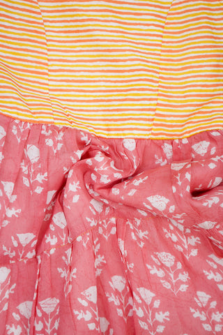 Floral Printed Tulip Pink And Yellow Three Layer Mal Cotton Frock