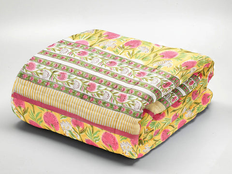 Floral Printed Yellow Cotton Double Quilt