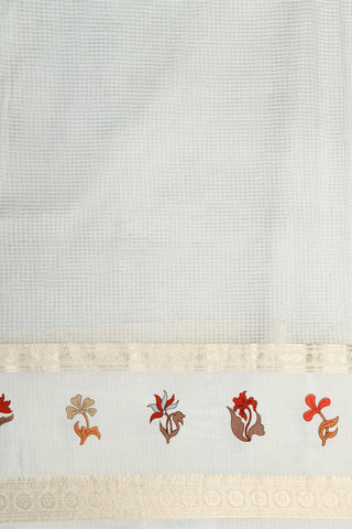Floral Printed Zari Border With Small Checks Pastel Grey Organza Silk Saree
