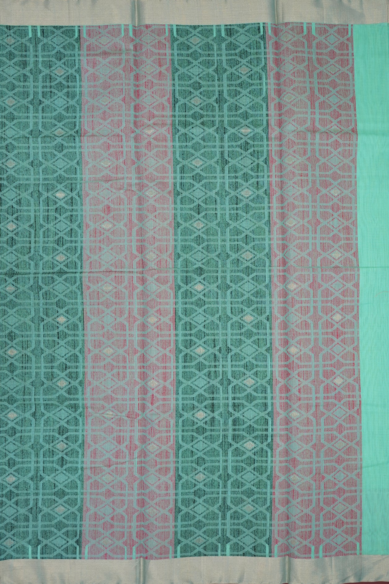 Floral Threadwork Border Mint Green Kora Silk Cotton Saree
