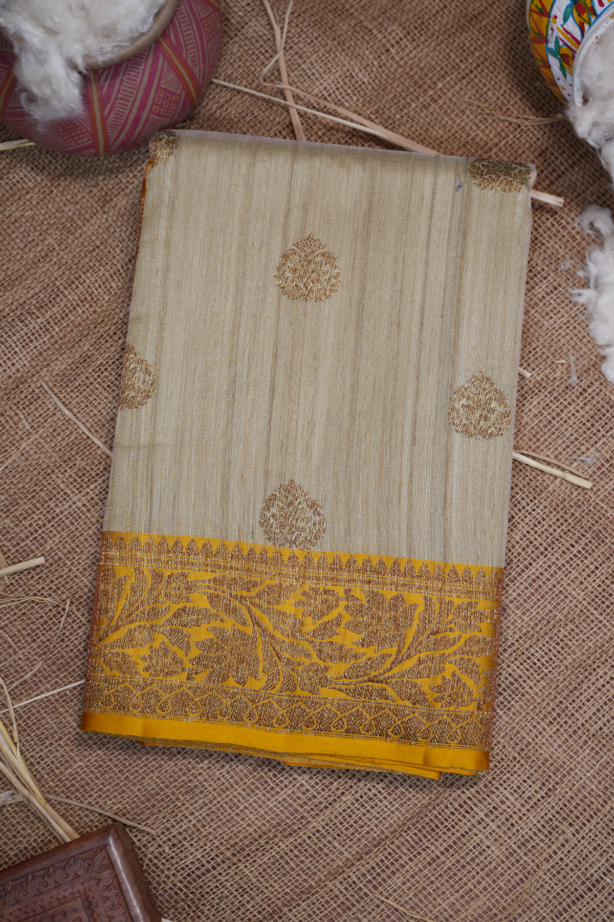 Floral Threadwork Motifs Beige Banarasi Tussar Silk Saree