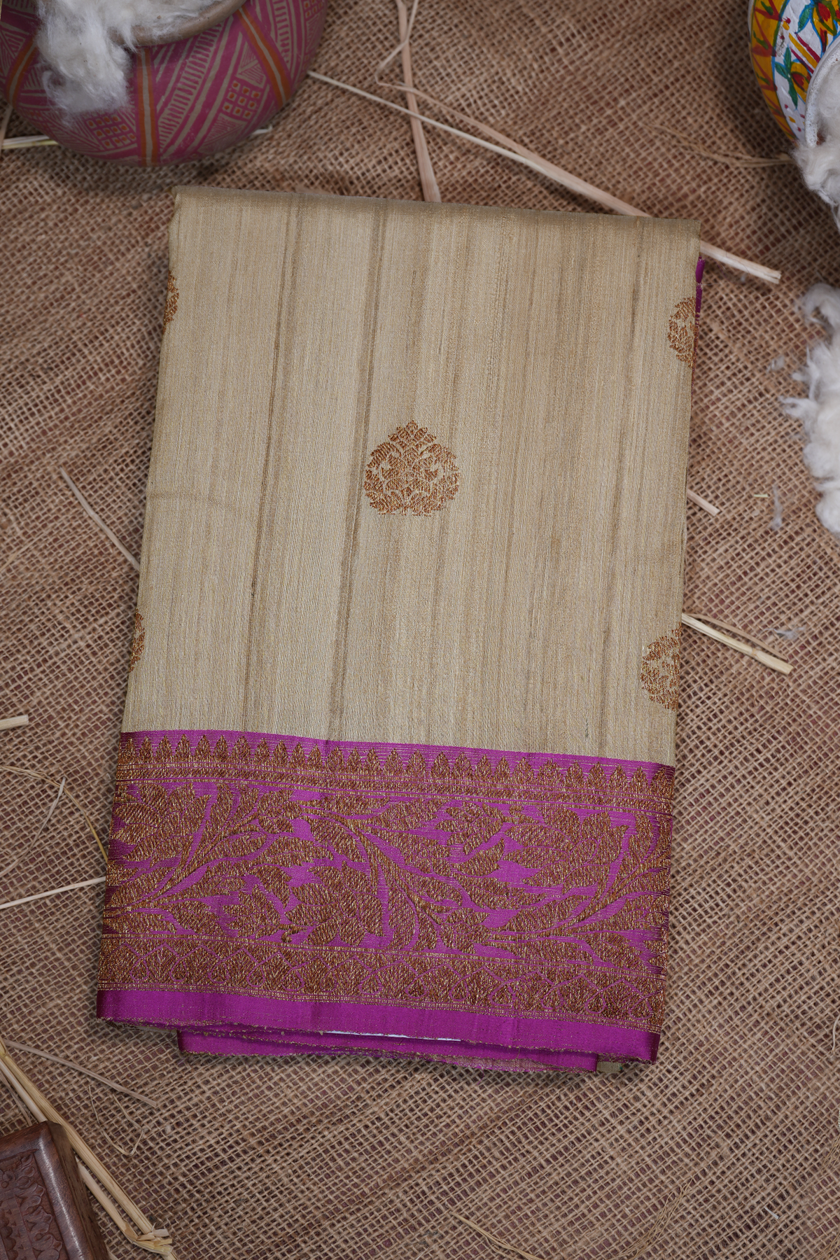 Floral Threadwork Buttas Beige Banarasi Tussar Silk Saree