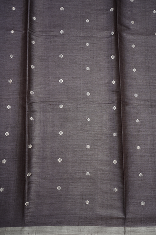 Floral Threadwork Buttas Dusty Grey Tussar Silk Saree