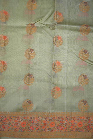 Floral Threadwork Buttas Pastel Green Raw Silk Saree