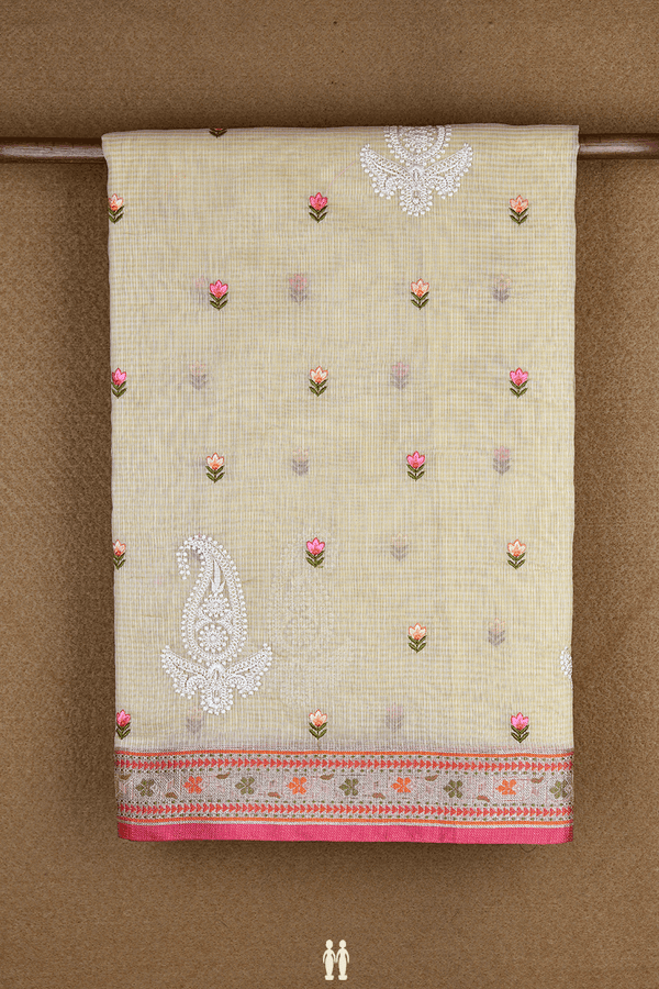 Floral Threadwork Buttas Yellow Beige Kota Cotton Saree