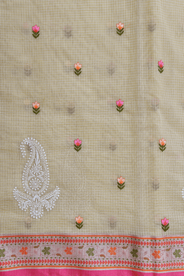 Floral Threadwork Buttas Yellow Beige Kota Cotton Saree