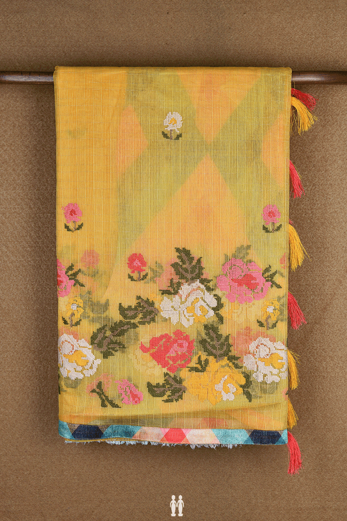Floral Threadwork Buttas Yellow Kota Cotton Saree
