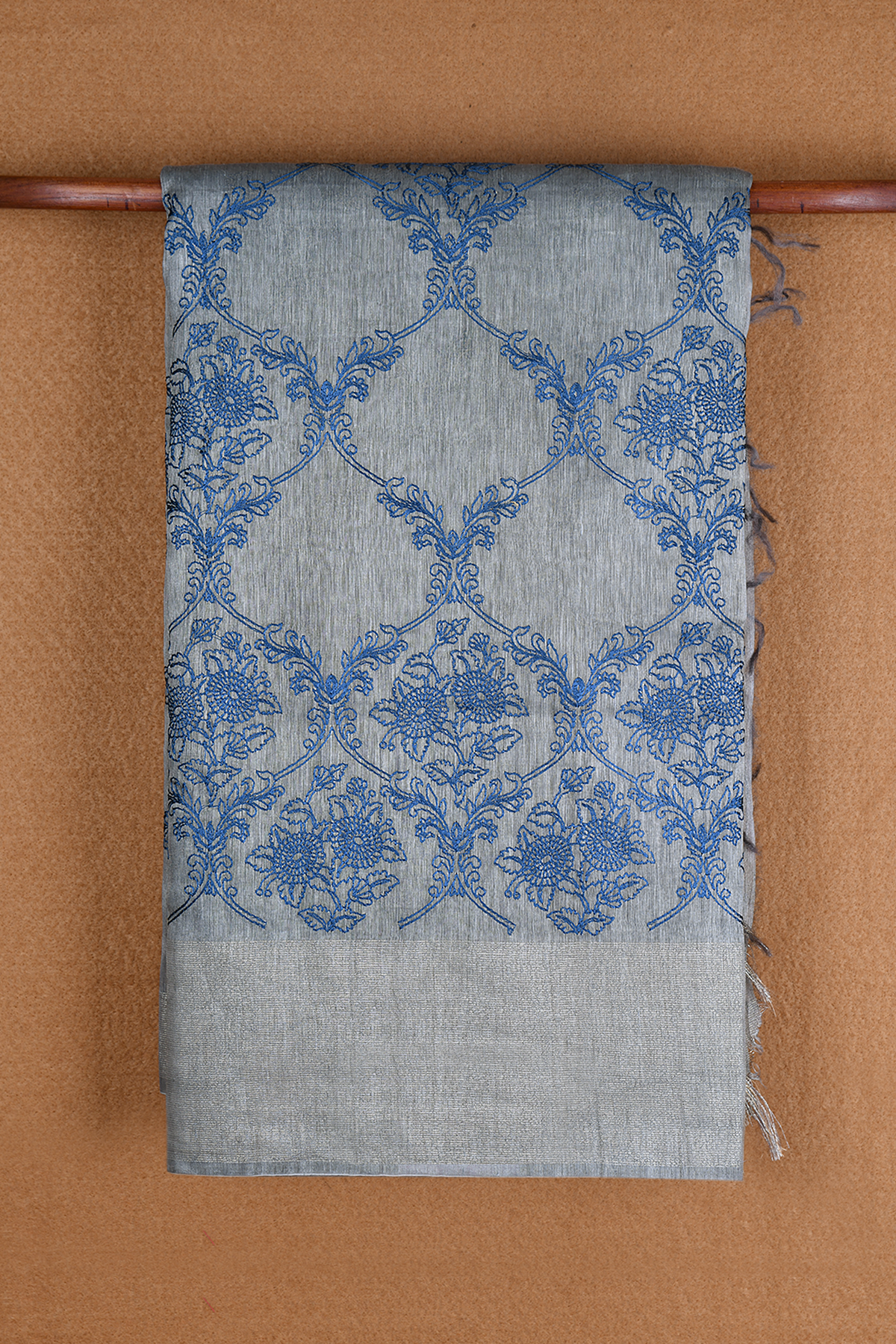 Floral Threadwork Design Aegean Blue Linen Saree