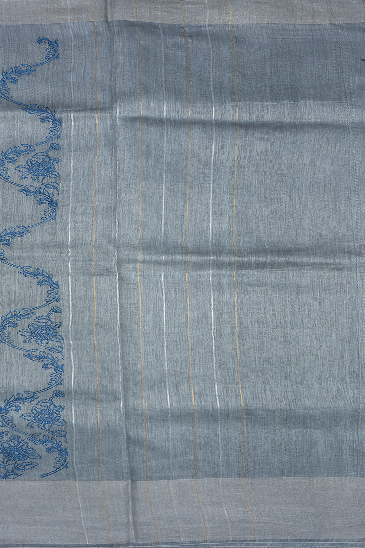 Floral Threadwork Design Aegean Blue Linen Saree