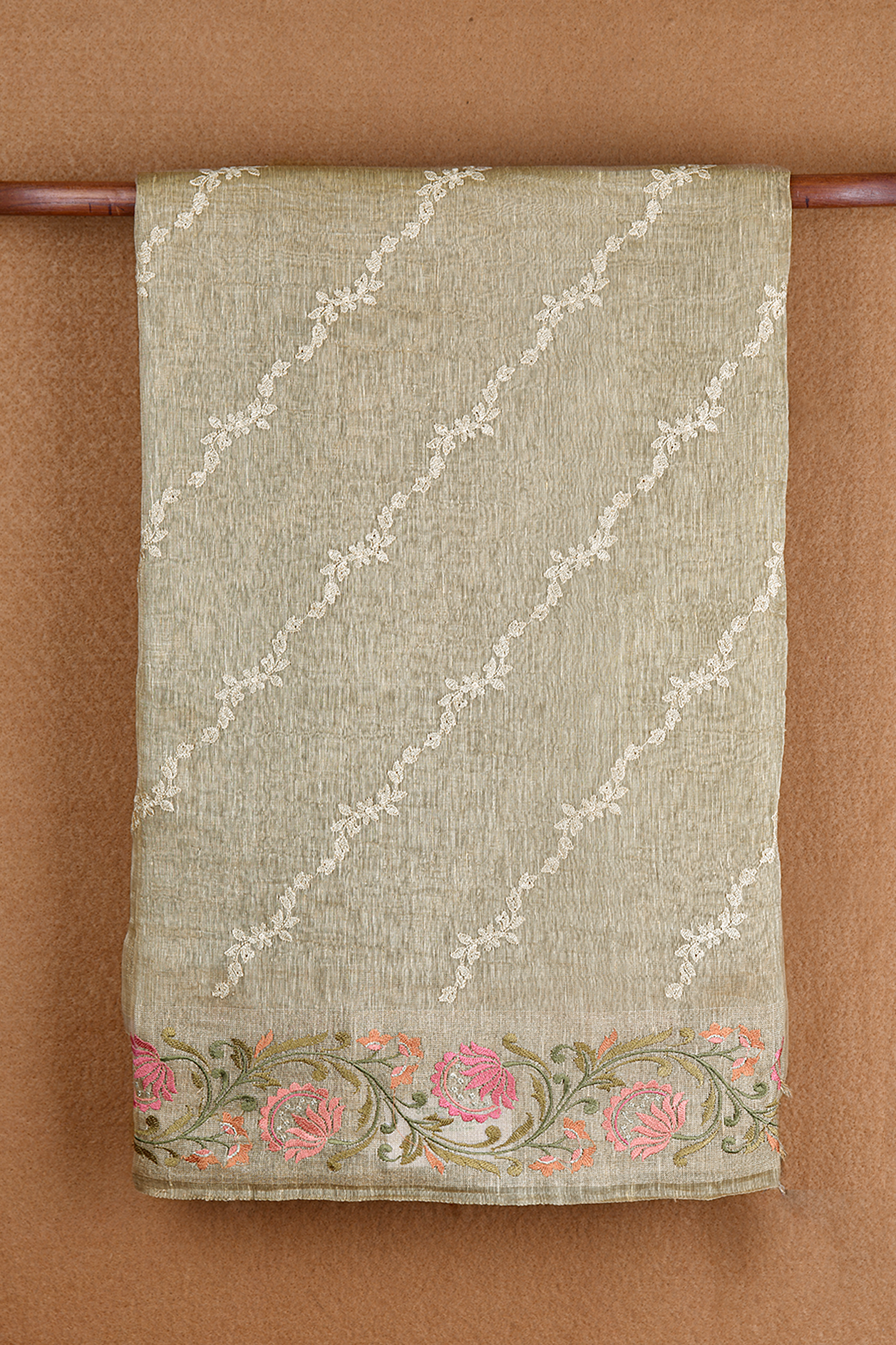 Floral Threadwork Design Beige Linen Saree
