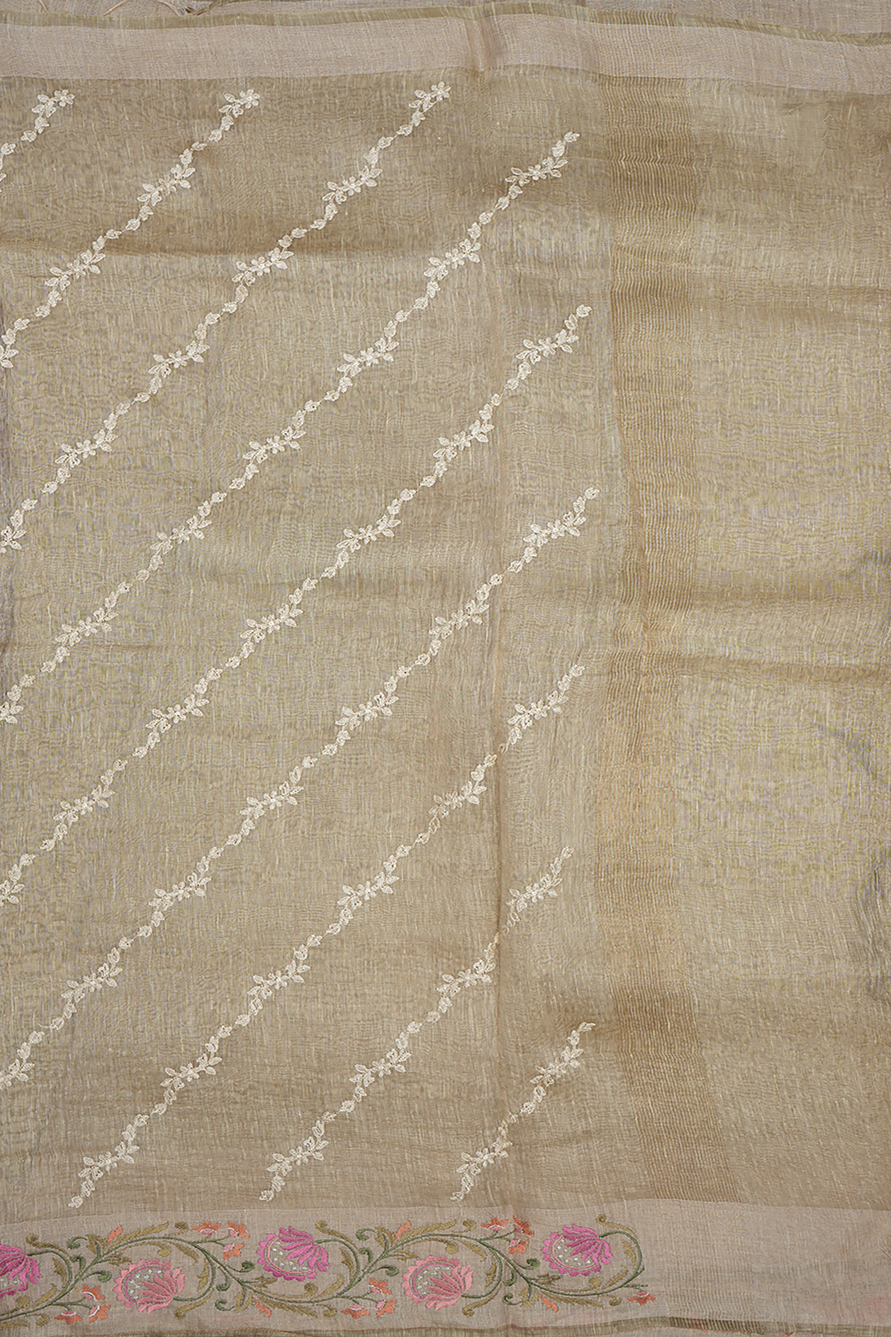 Floral Threadwork Design Beige Linen Saree