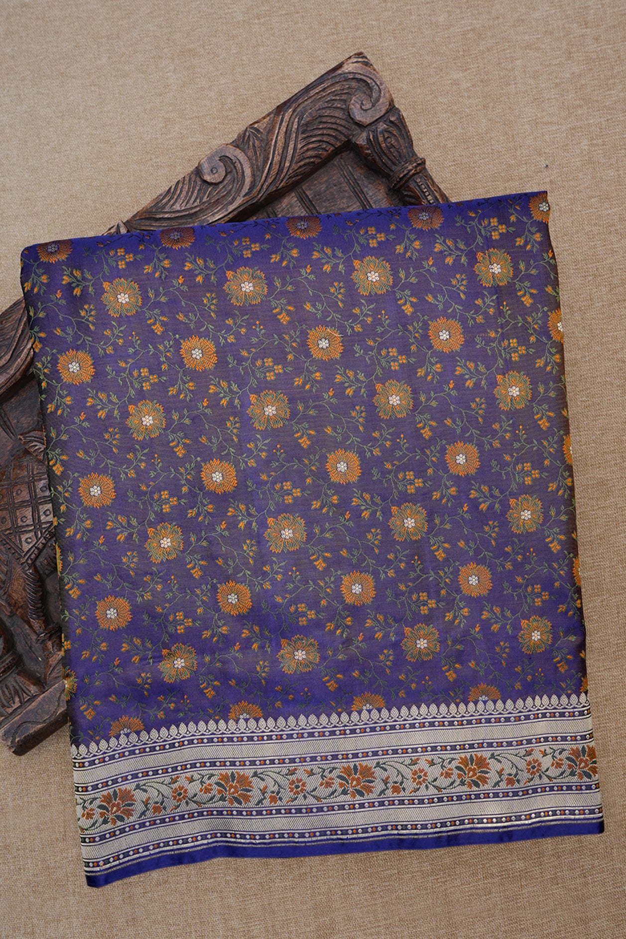 Floral Threadwork Design Navy Blue Banarasi Tanchoi Silk Saree