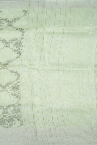 Floral Threadwork Design Pastel Green Linen Saree