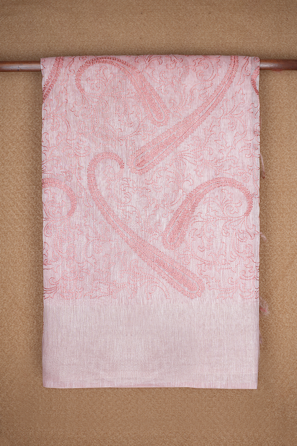 Paisley Floral Threadwork Design Pastel Pink Linen Saree