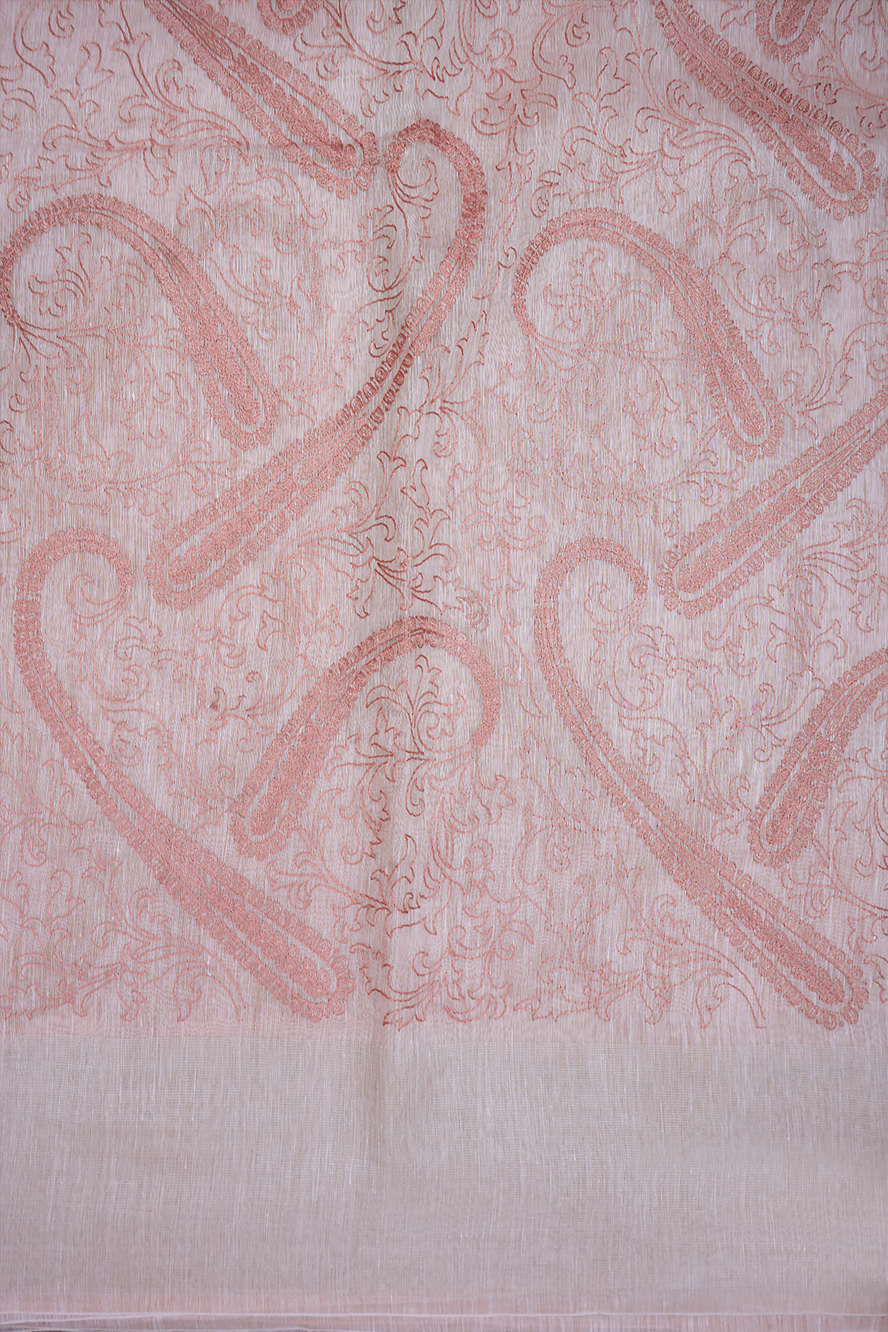 Paisley Floral Threadwork Design Pastel Pink Linen Saree