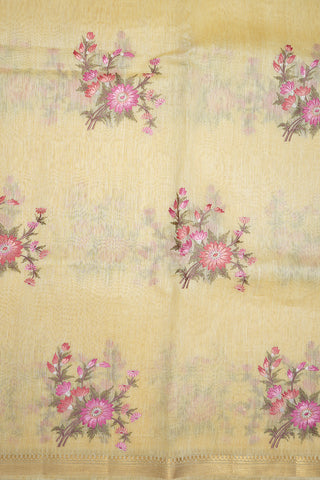 Floral Threadwork Design Pastel Yellow Linen Saree