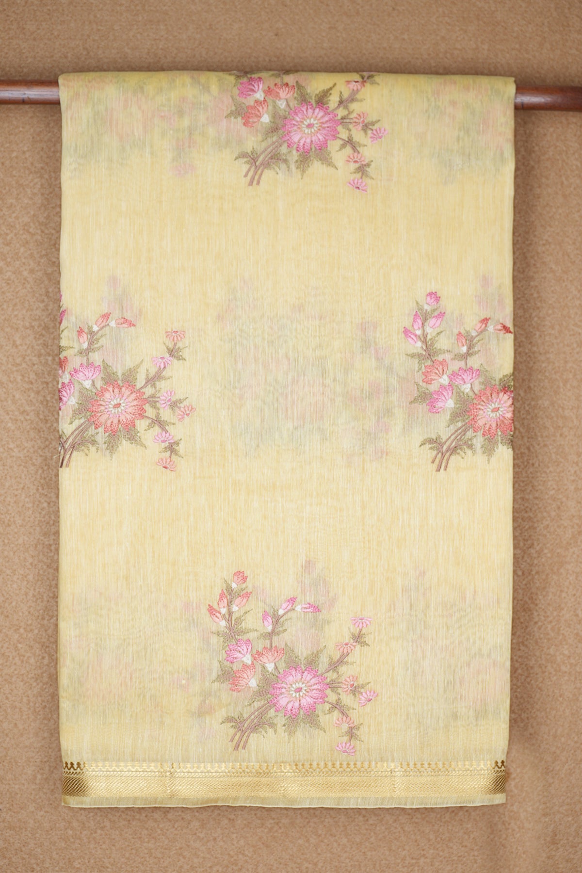 Floral Threadwork Design Pastel Yellow Linen Saree
