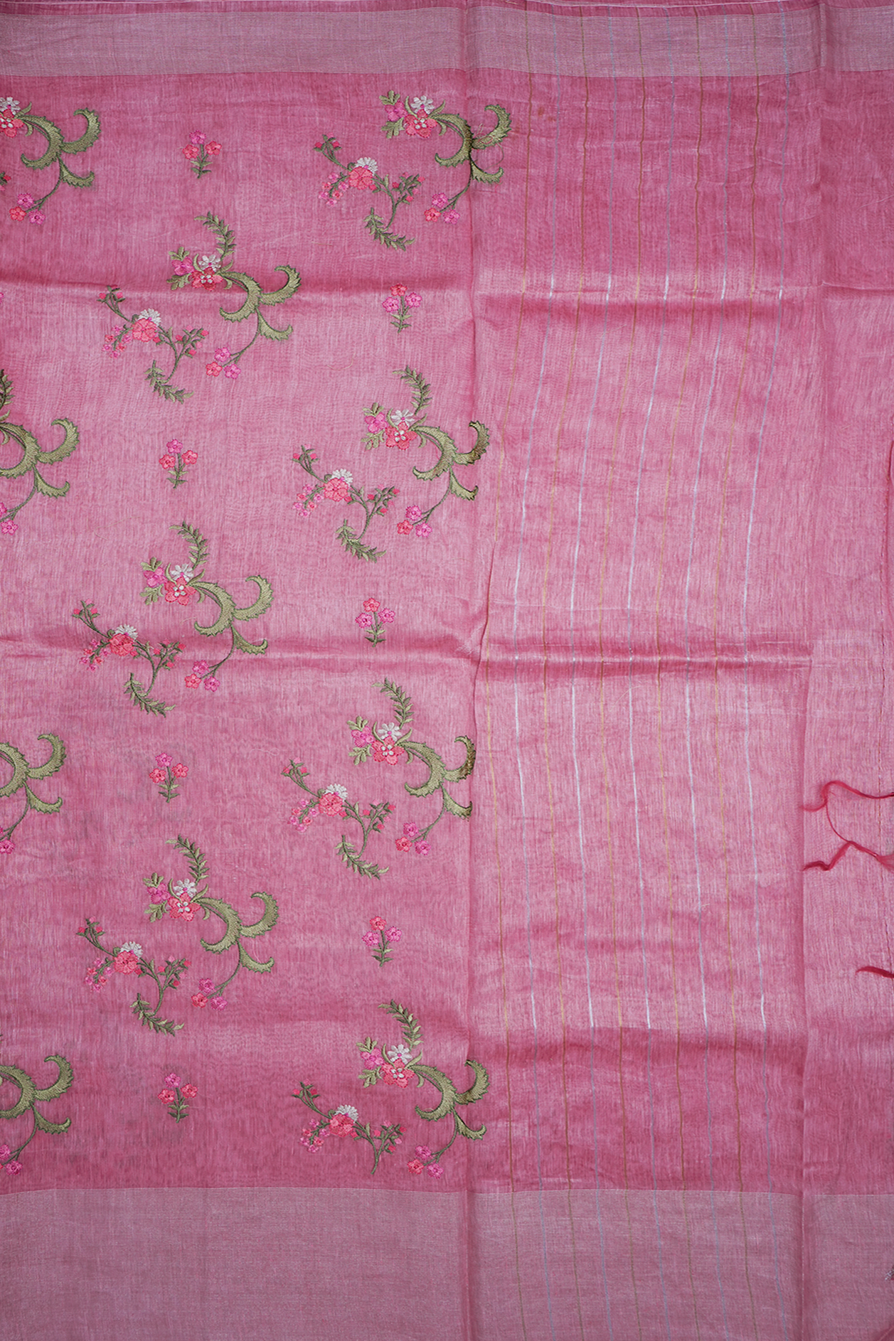 Floral Threadwork Design Pink Linen Saree