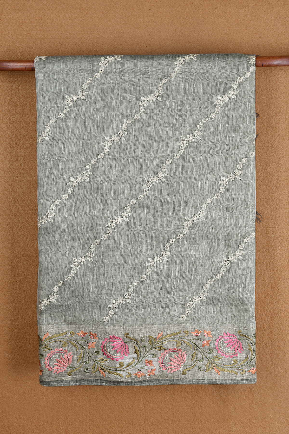 Floral Threadwork Design Stone Blue Linen Saree
