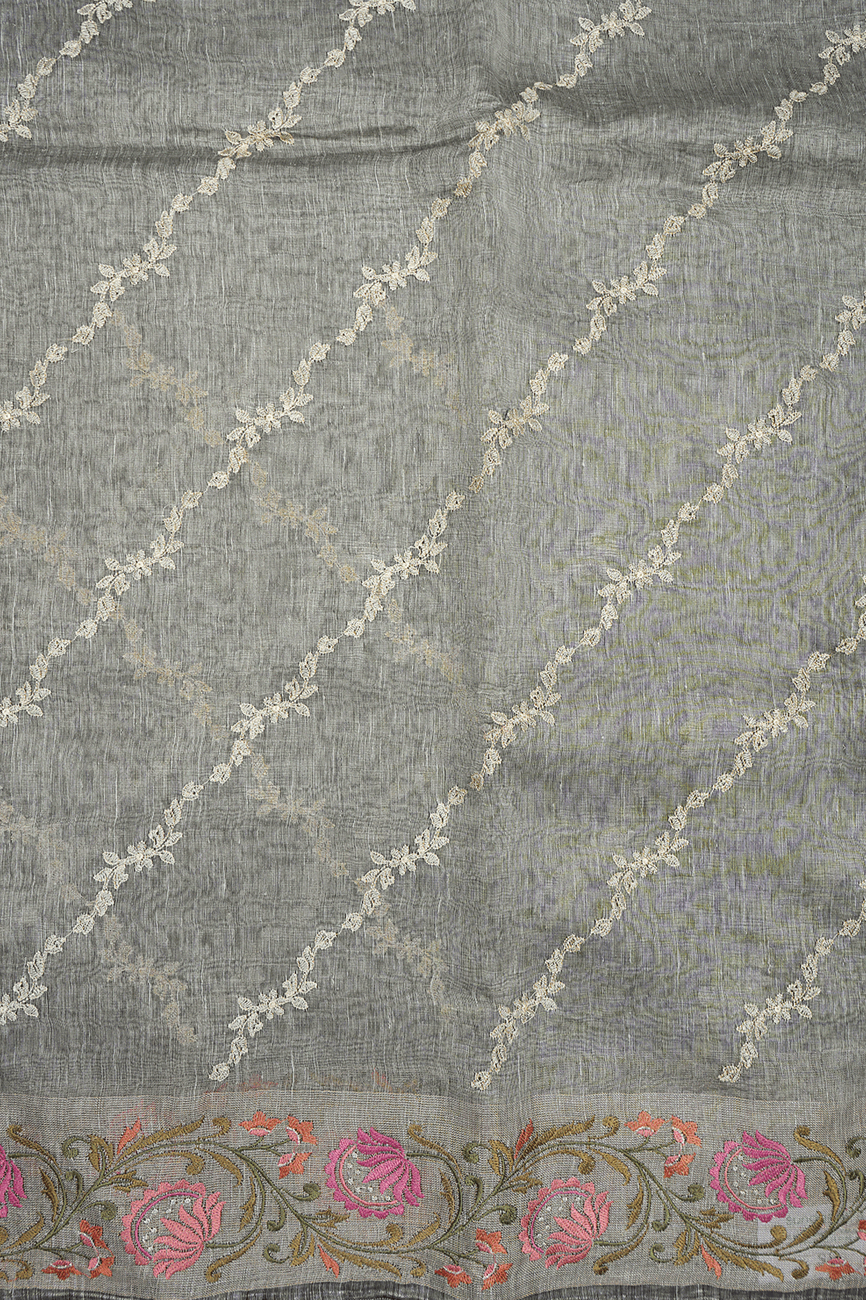 Floral Threadwork Design Stone Blue Linen Saree