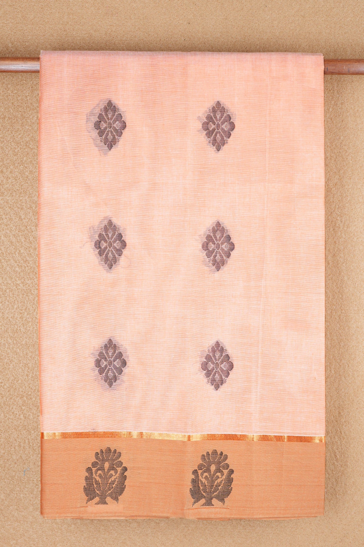 Floral Threadwork Motifs Pastel Orange Kanchi Cotton Saree