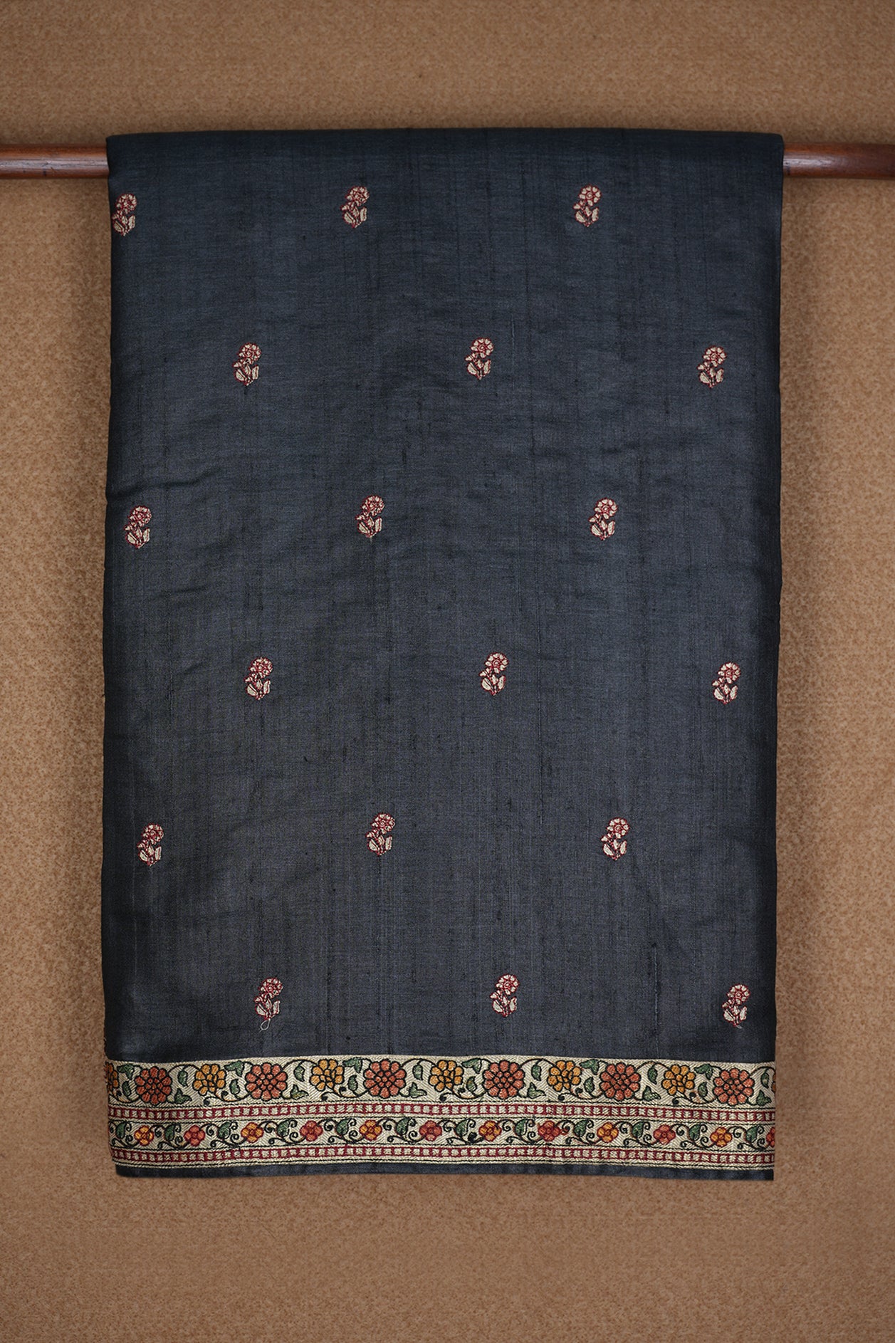 Floral Threadwork Motifs Black Tussar Silk Saree