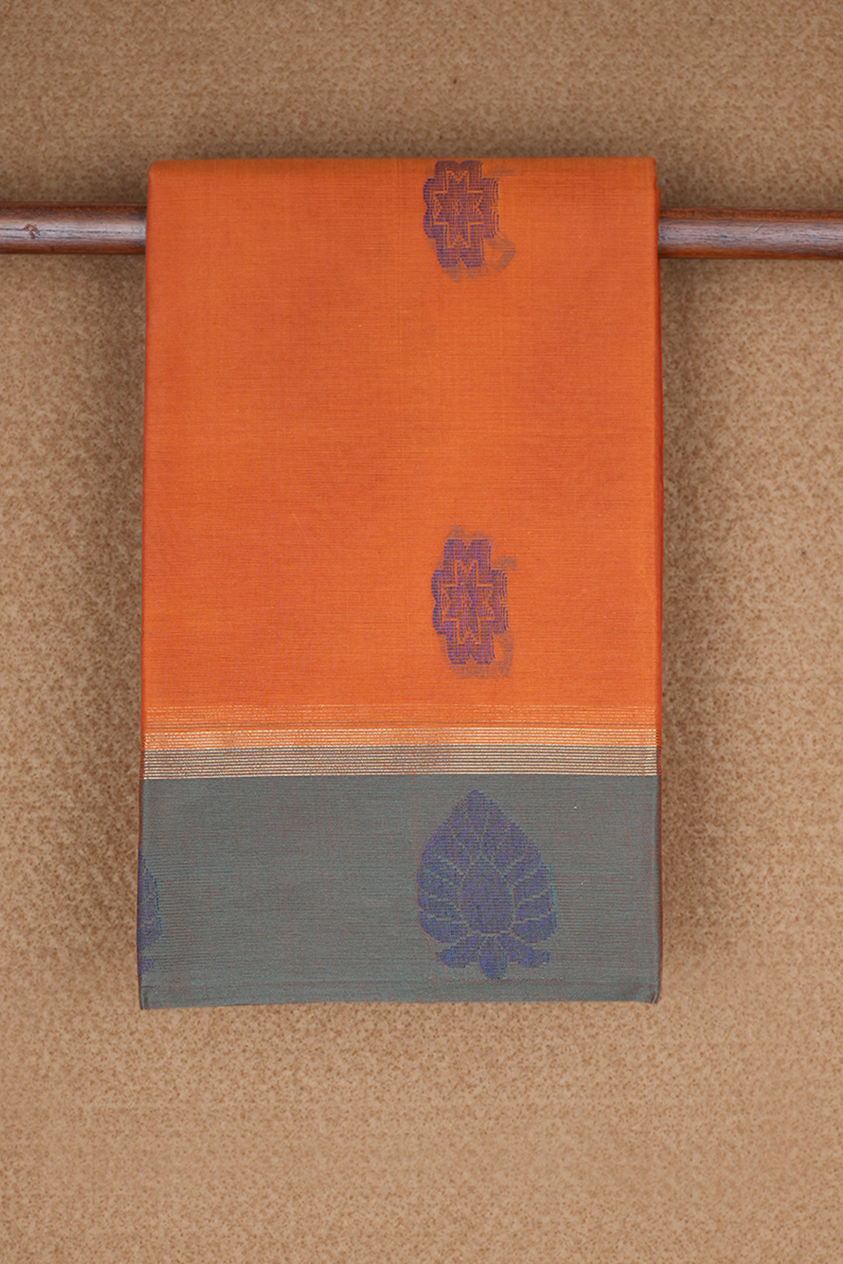 Floral Threadwork Motifs Copper Orange Kanchi Cotton Saree