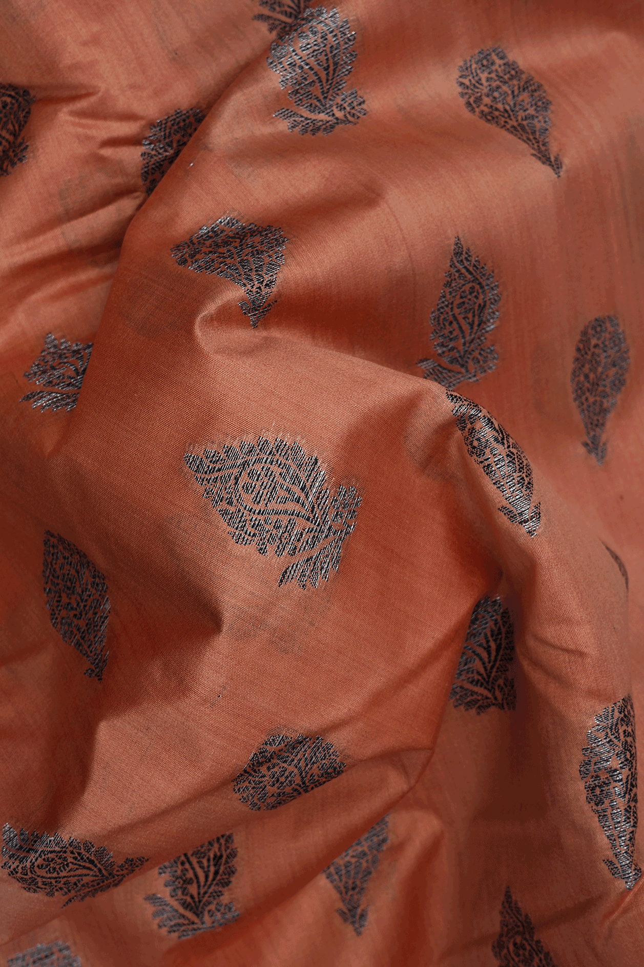 Floral Threadwork Motifs Dusty Orange Raw Silk Saree