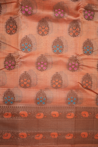 Floral Threadwork Motifs Dusty Orange Raw Silk Saree
