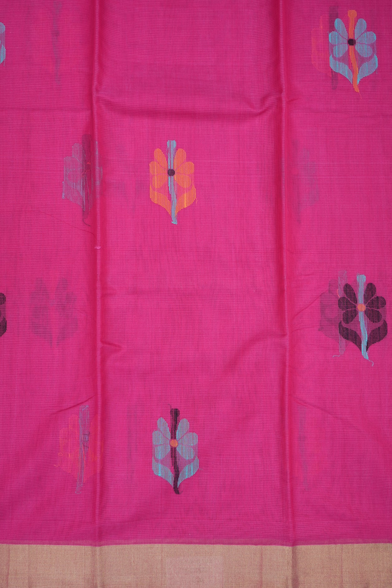 Floral Threadwork Motifs Magenta Kora Silk Cotton Saree