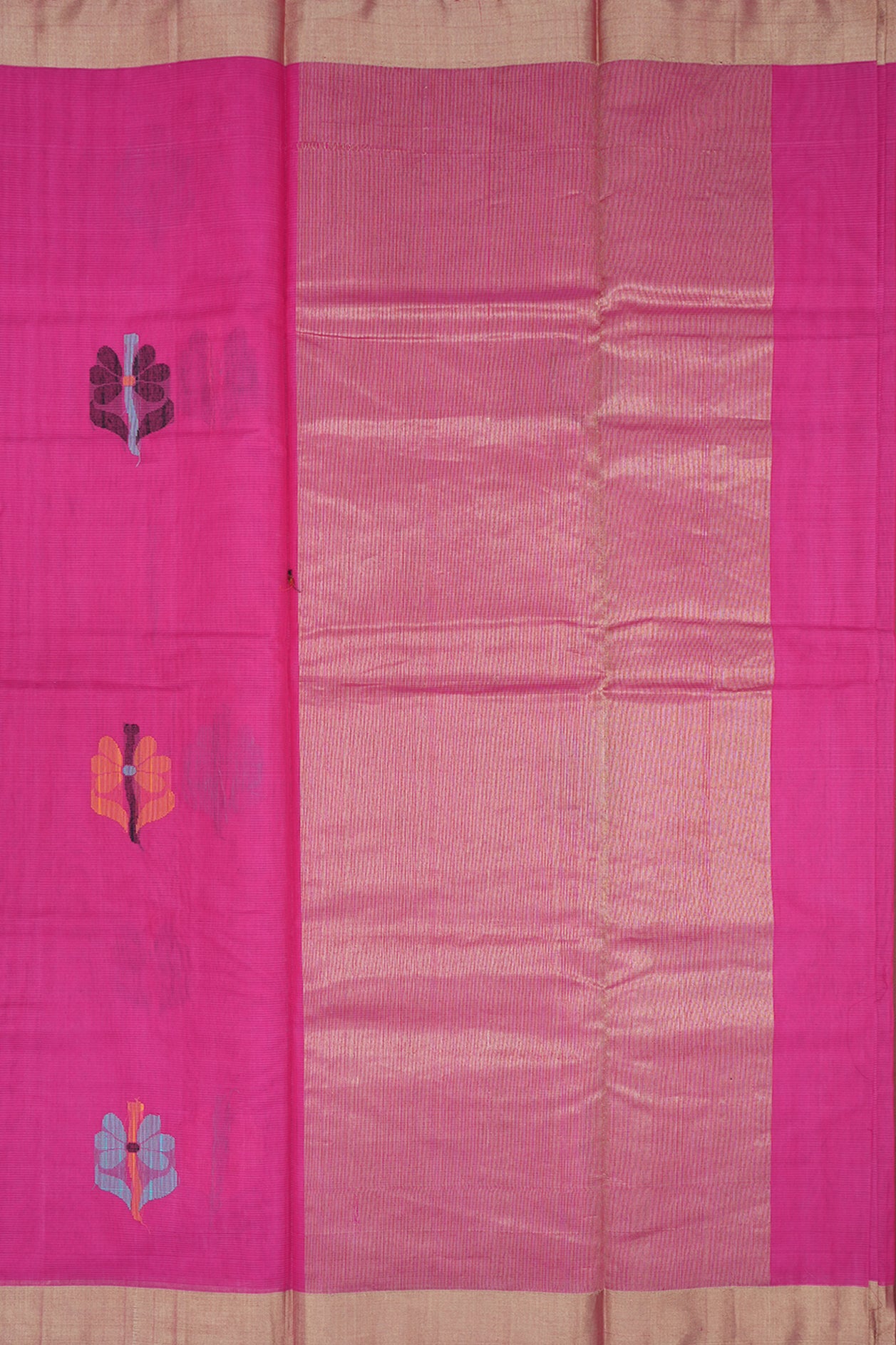 Floral Threadwork Motifs Magenta Kora Silk Cotton Saree