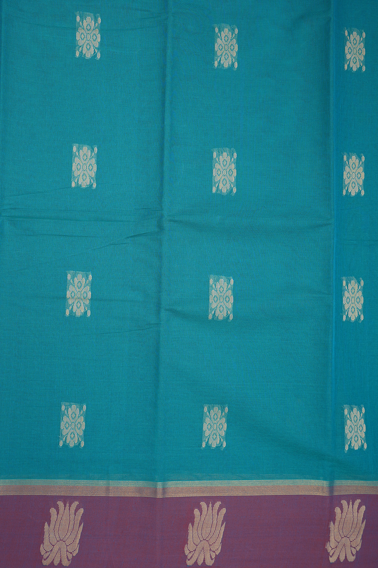 Floral Threadwork Motifs Teal Blue Kanchi Cotton Saree