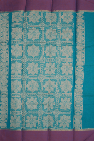Floral Threadwork Motifs Teal Blue Kanchi Cotton Saree