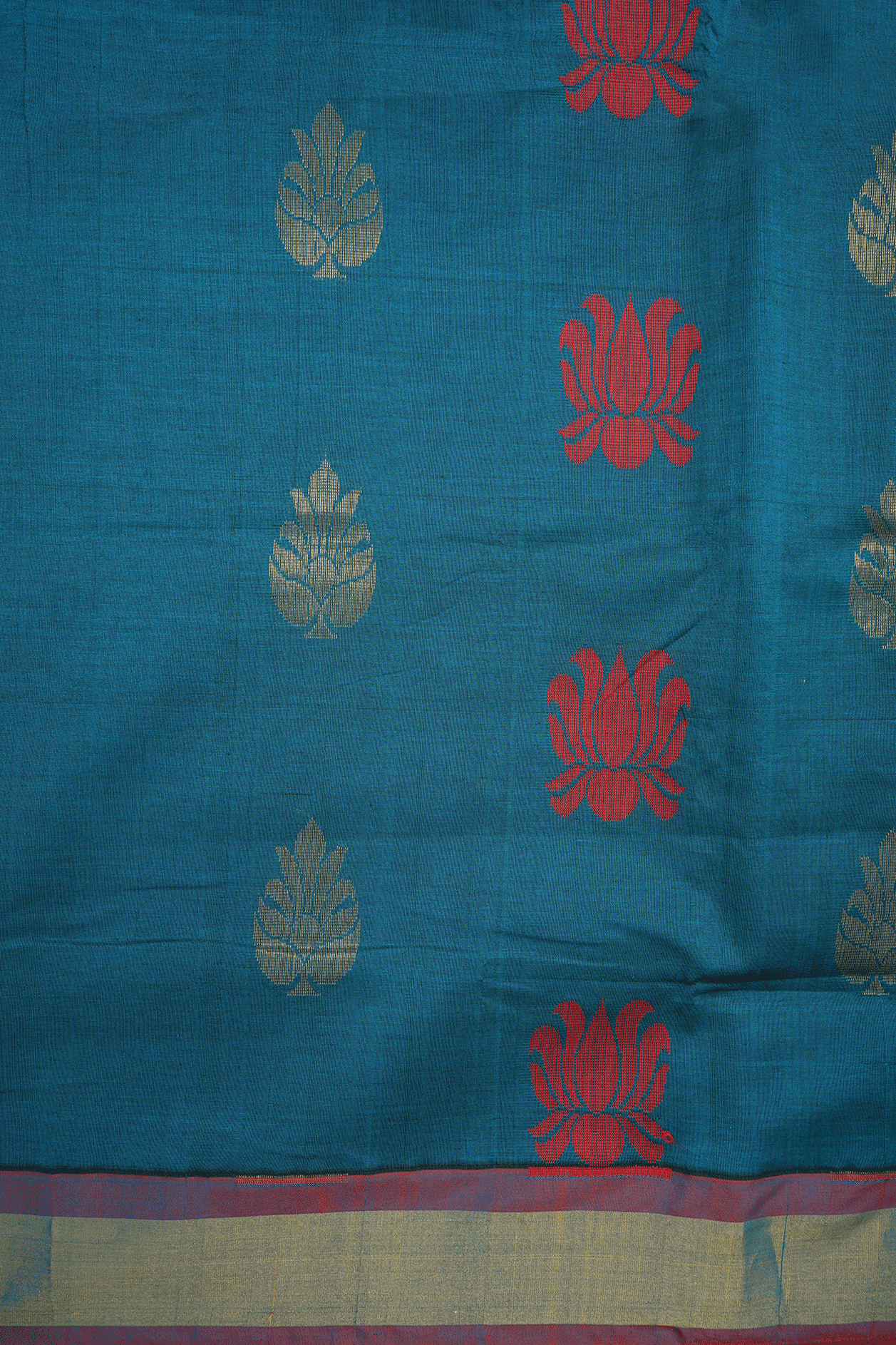 Floral Zari And Threadwork Motif Teal Blue Poly Cotton Saree