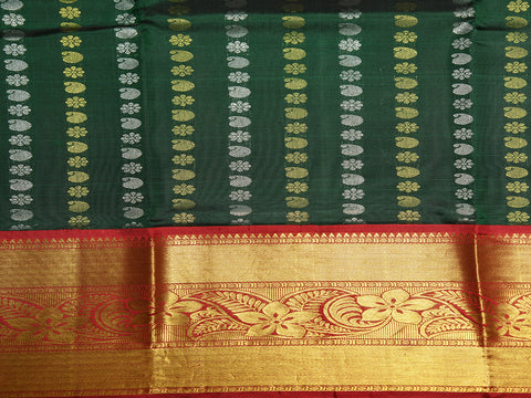 Floral Zari Big Border With Buttis Stripes Bottle Green Kanchipuram Silk Unstitched Pavadai Sattai Material