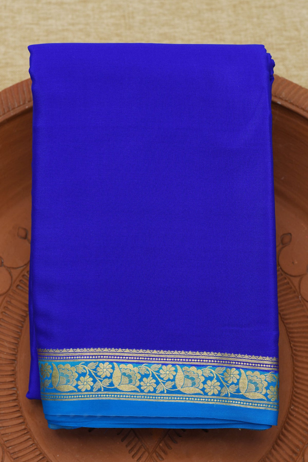 Floral Zari Border In Plain Cobalt Blue Mysore Silk Saree