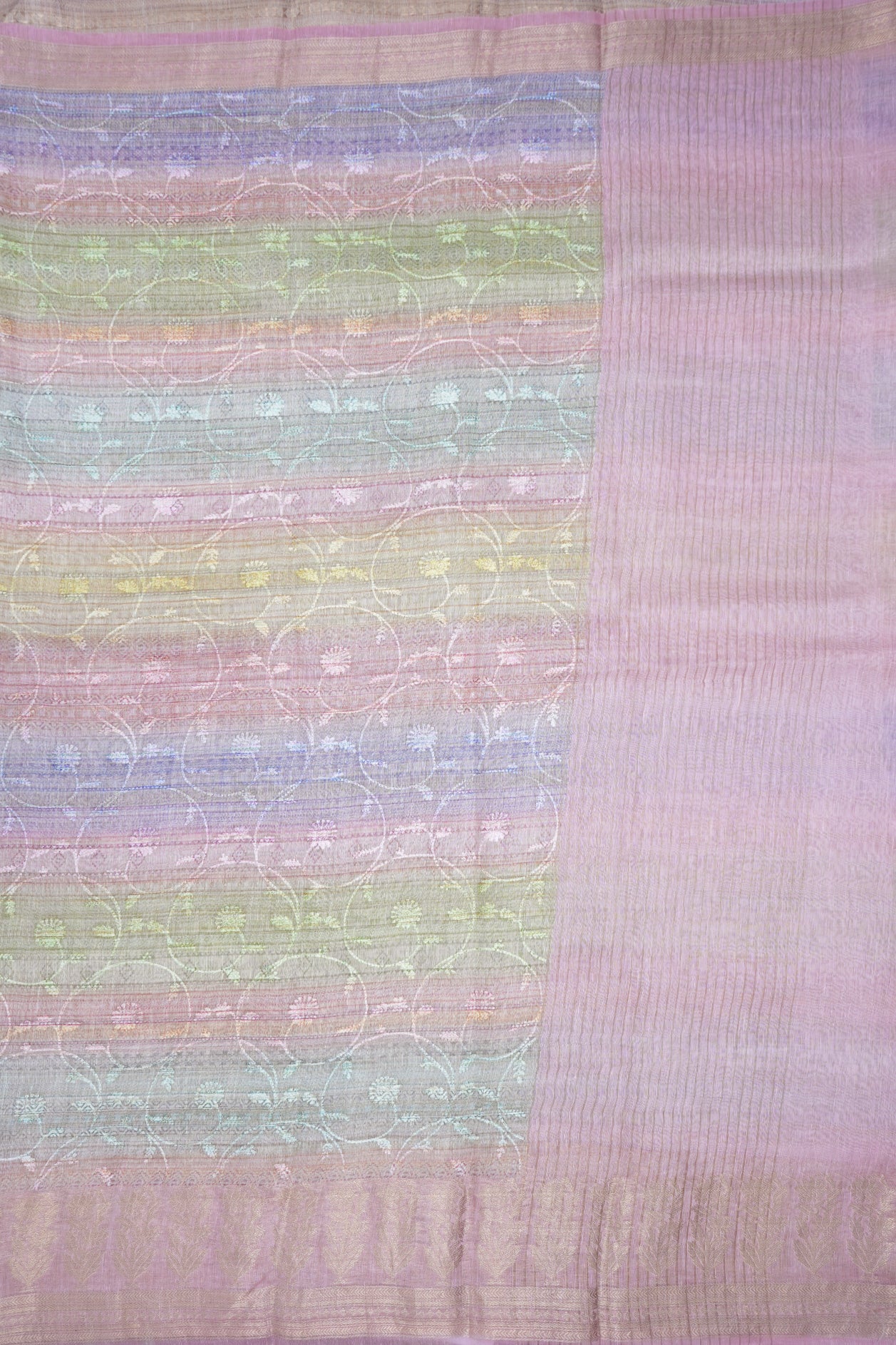 Floral Zari Border Multicolor Linen Saree