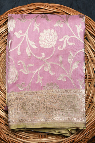 Floral Zari Border With Creepers Design Lavender Banaras Silk Saree
