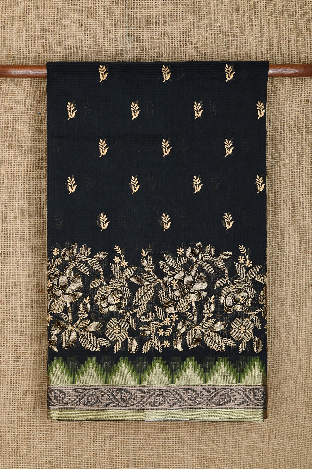 Floral Zari Border With Embroidered Buttis Black Semi Kota Saree