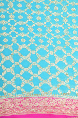 Contrast Floral Zari Border With Geometric Pattern Sky Blue Banaras Georgette Saree