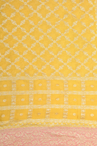Floral Zari Border With Geometric Pattern Yellow Banaras Georgette Saree