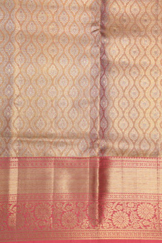 Floral Zari Border With Ogee Pattern Gold And Silver Tissue Peach Kanchipuram Silk Saree