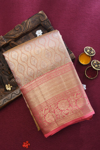 Floral Zari Border With Ogee Pattern Gold And Silver Tissue Peach Kanchipuram Silk Saree