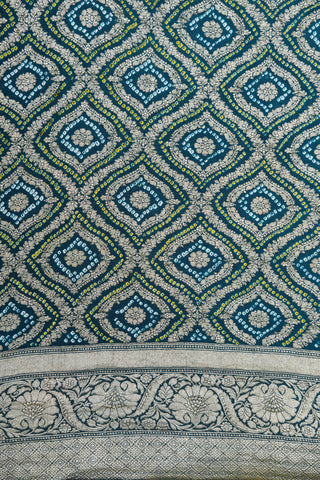 Floral Zari Border With Ogee Pattern Peacock Blue Bandhani Work Georgette Silk Saree